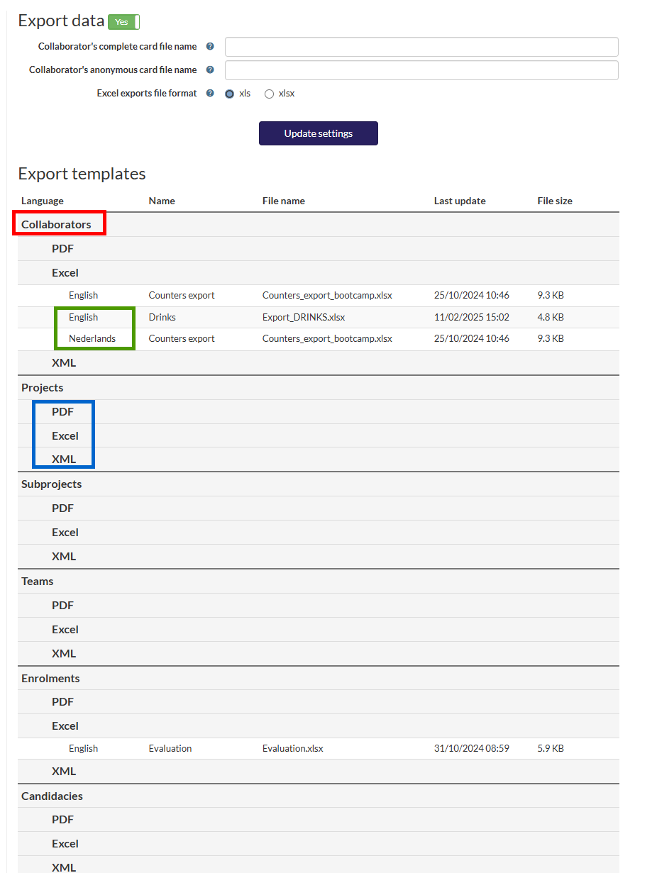 Export templates